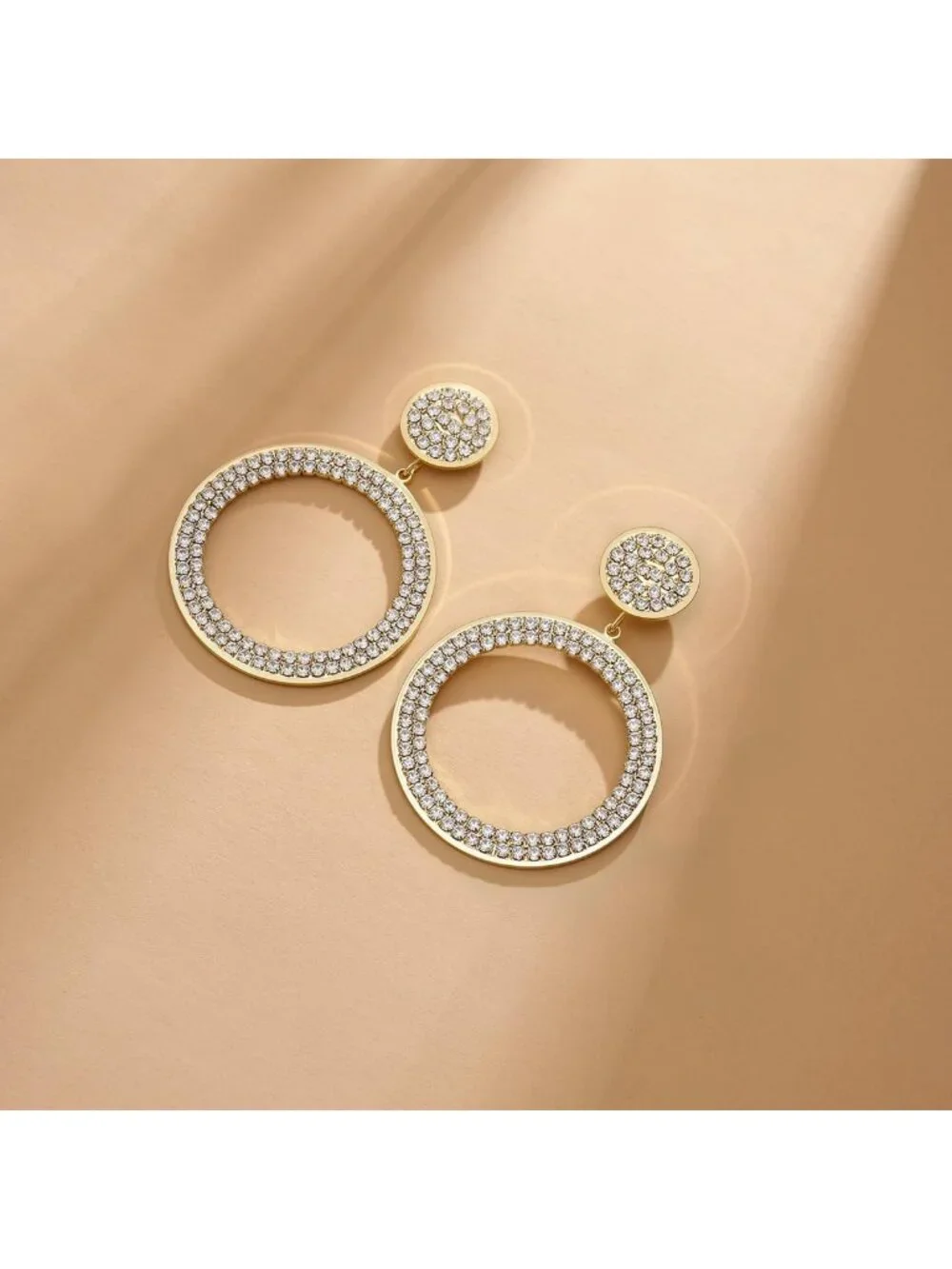 Gorgeous Gold Plated Circle Drop Earrings with Pavé Crystal Rhinestones, 60mm